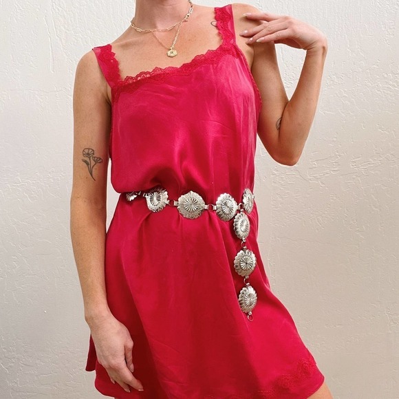Vintage 100% Silk Red Lace Trim Mini Slip Dress - Picture 1 of 6